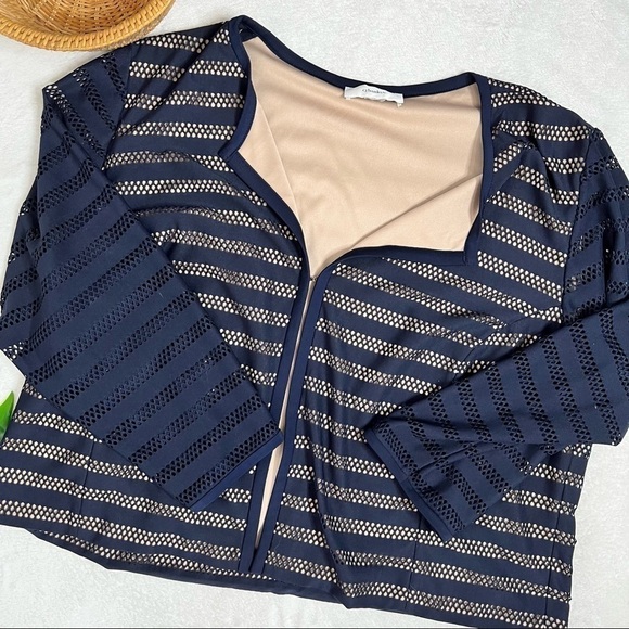 CJ Banks Open Front 3/4 Sleeve Navy and Beige Dressy Netted Cardigan Large - Picture 7 of 14